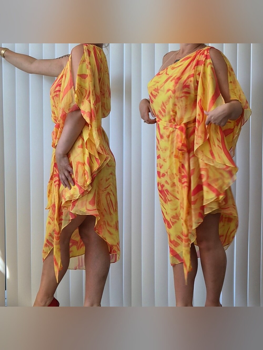 Halston Heritage 100% Silk Lava Girl One-Shoulder Midi Dress